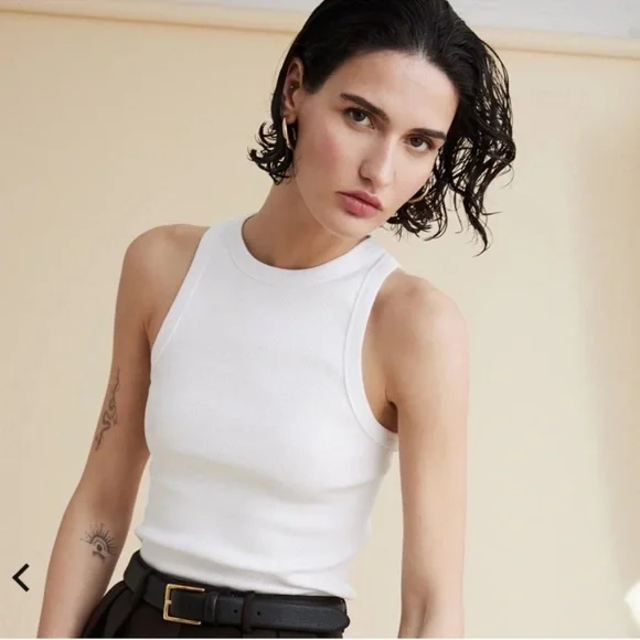 Women's White Ribbed Tank Top - Classic Crewneck - Picture 2 of 6